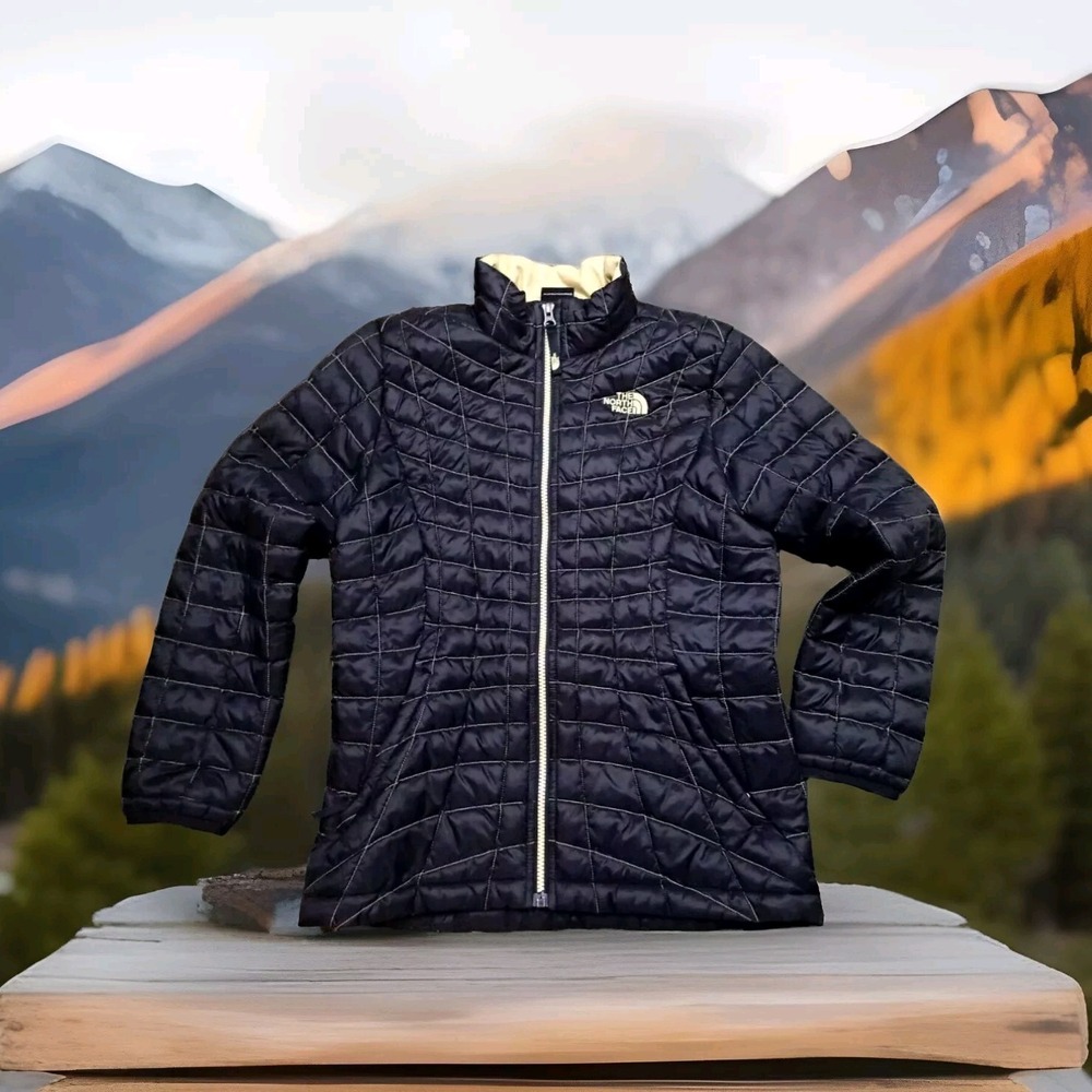 the NORTH FACE THERMOBALL PUFF JACKET in GIRLS sz Large 14-16 Black & Gold Mint
